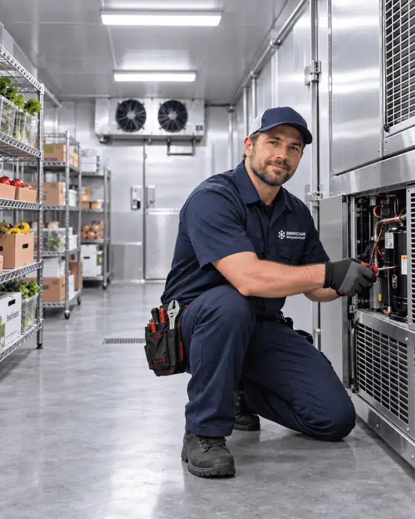 Commercial refrigeration repair technician kneeling in a walk-in cooler in Birmingham, AL