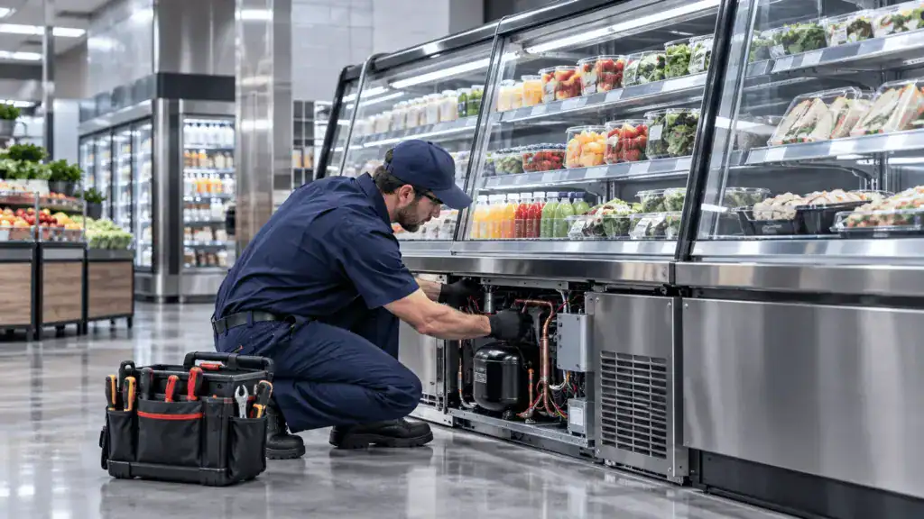 Technician repairing a grocery store refrigerated display case in Birmingham, AL