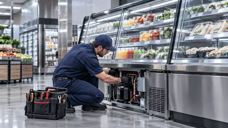 Technician repairing a grocery store refrigerated display case in Birmingham, AL