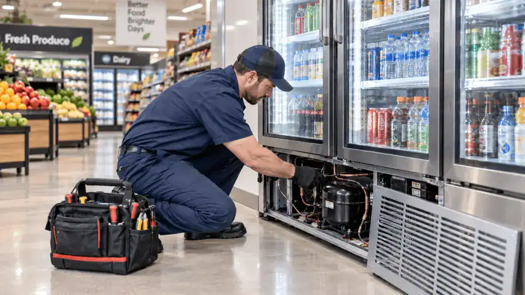 Technician repairing a glass-door reach-in cooler at a store in Birmingham, AL