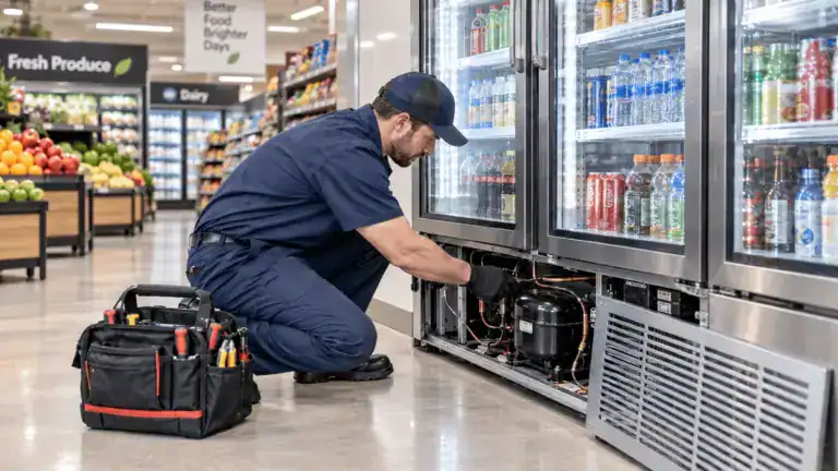 Technician repairing a glass-door reach-in cooler at a store in Birmingham, AL