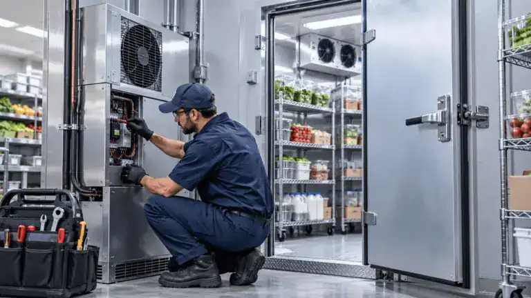 Technician repairing a walk-in cooler evaporator unit in Birmingham, AL