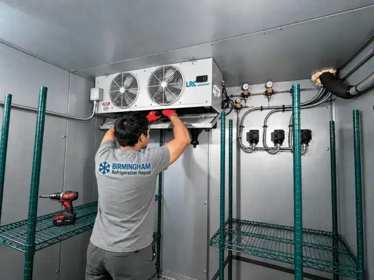 Technician servicing the evaporator coil inside a walk-in freezer in Birmingham, AL